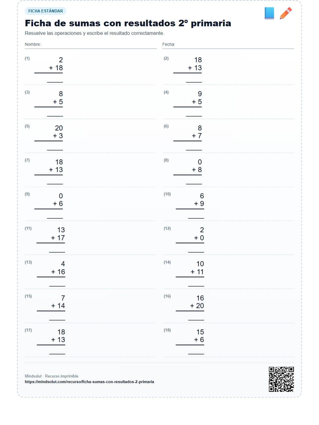 Ficha de sumas con resultados 2º primaria