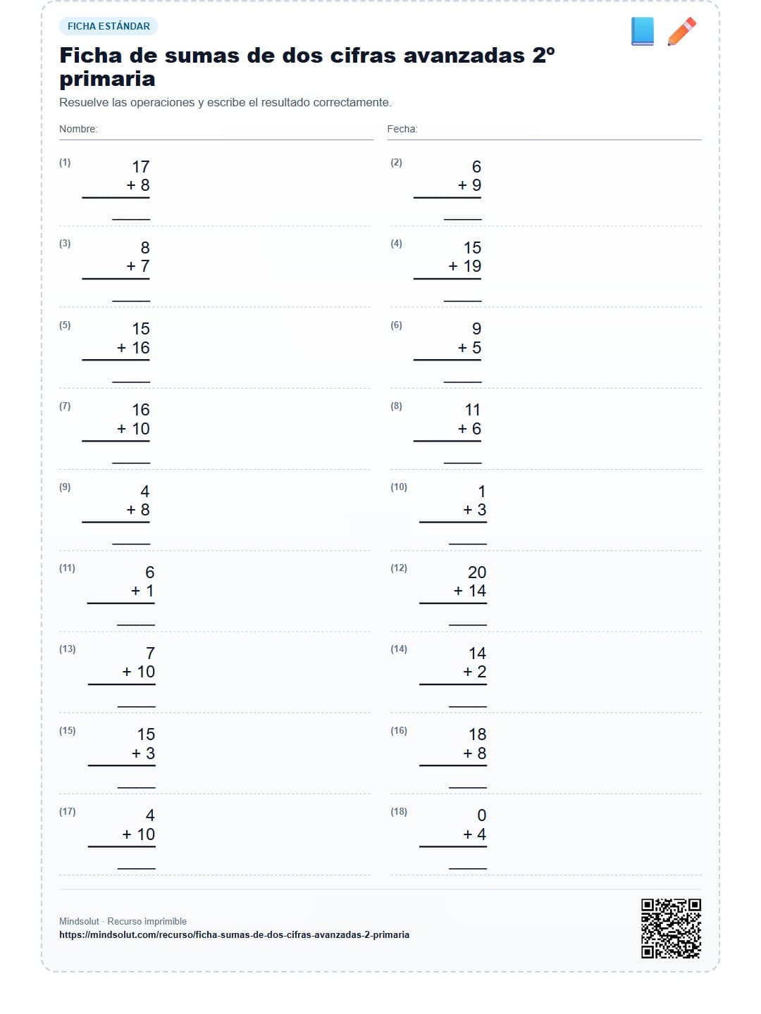 Ficha de sumas de dos cifras avanzadas 2º primaria