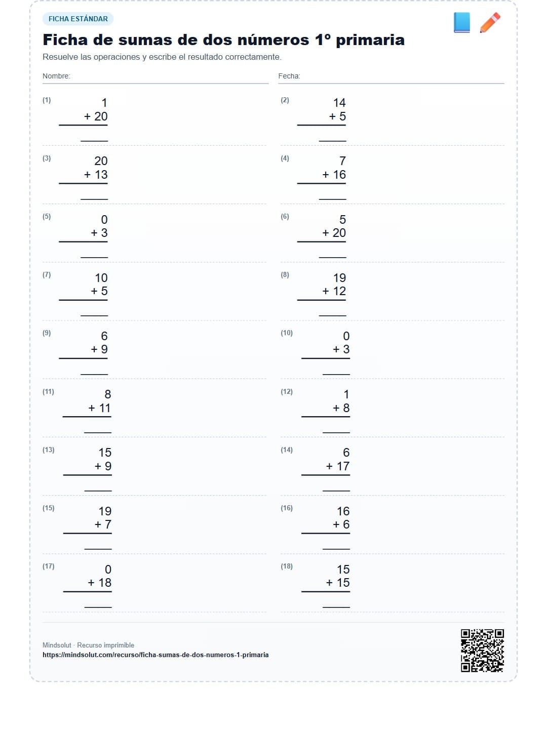 Ficha de sumas de dos números 1º primaria