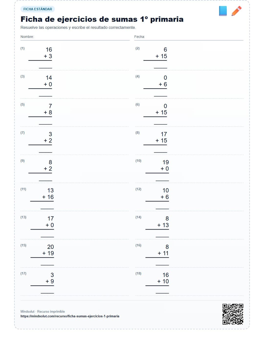 Ficha de ejercicios de sumas 1º primaria