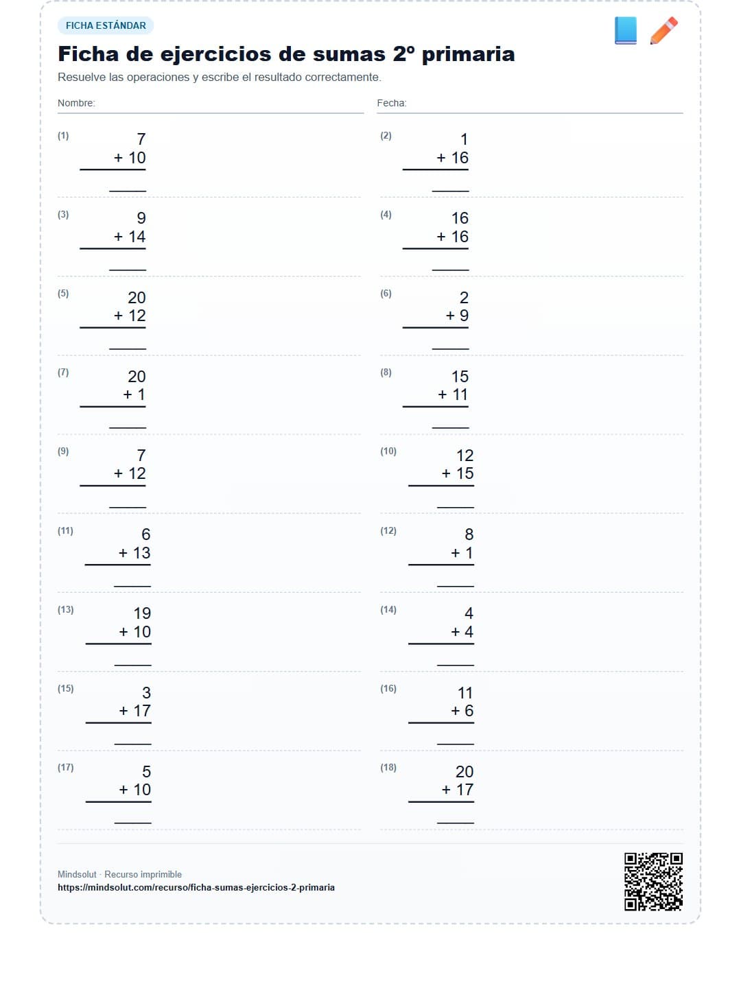 Ficha de ejercicios de sumas 2º primaria