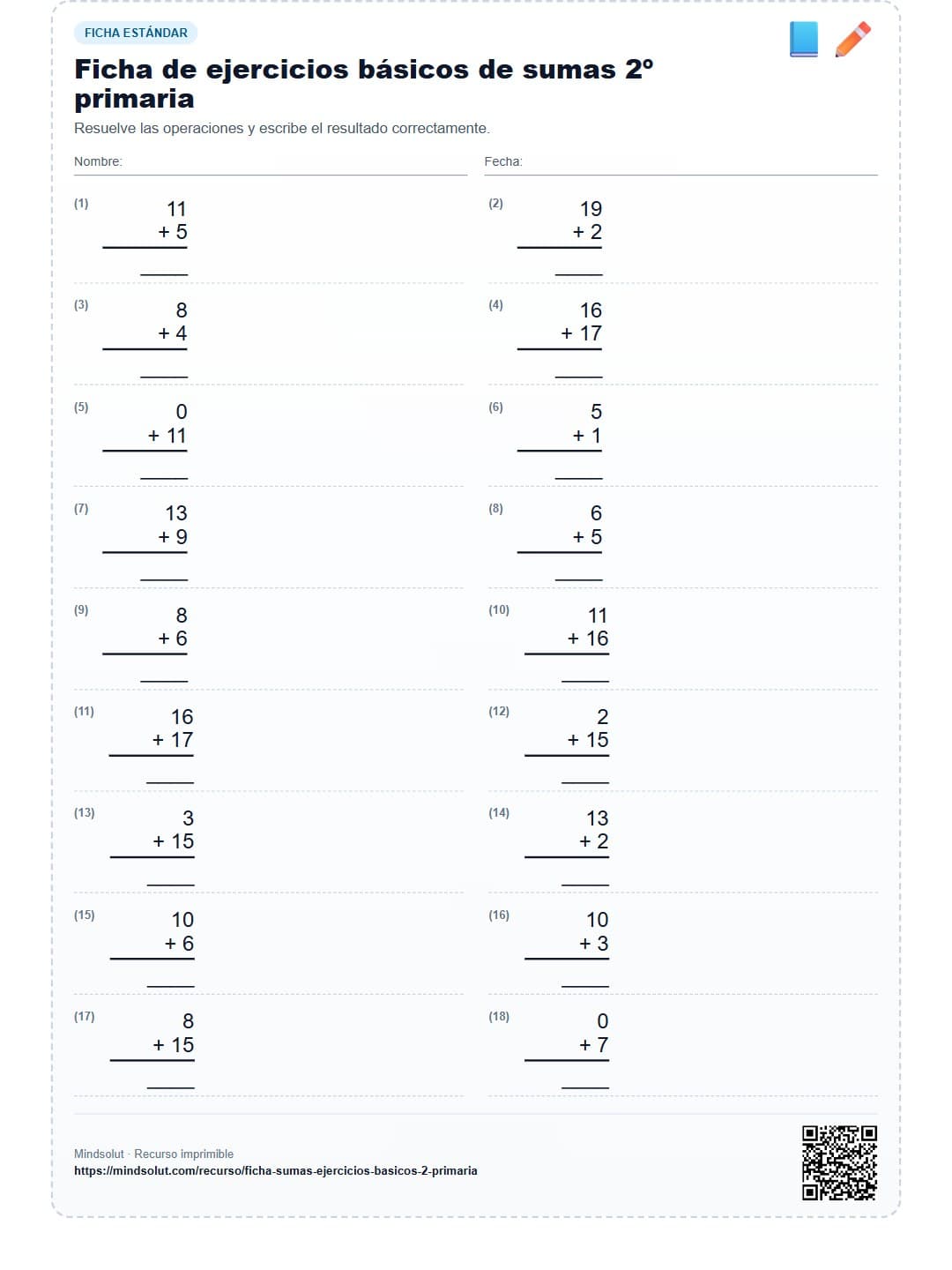 Ficha de ejercicios básicos de sumas 2º primaria