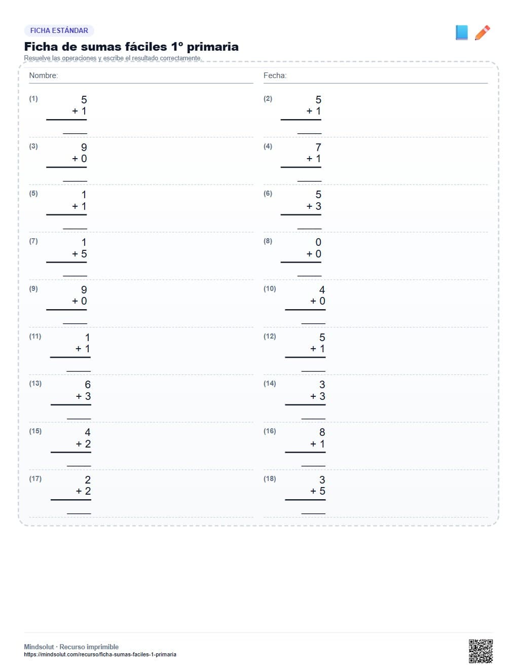 Ficha de sumas fáciles 1º primaria