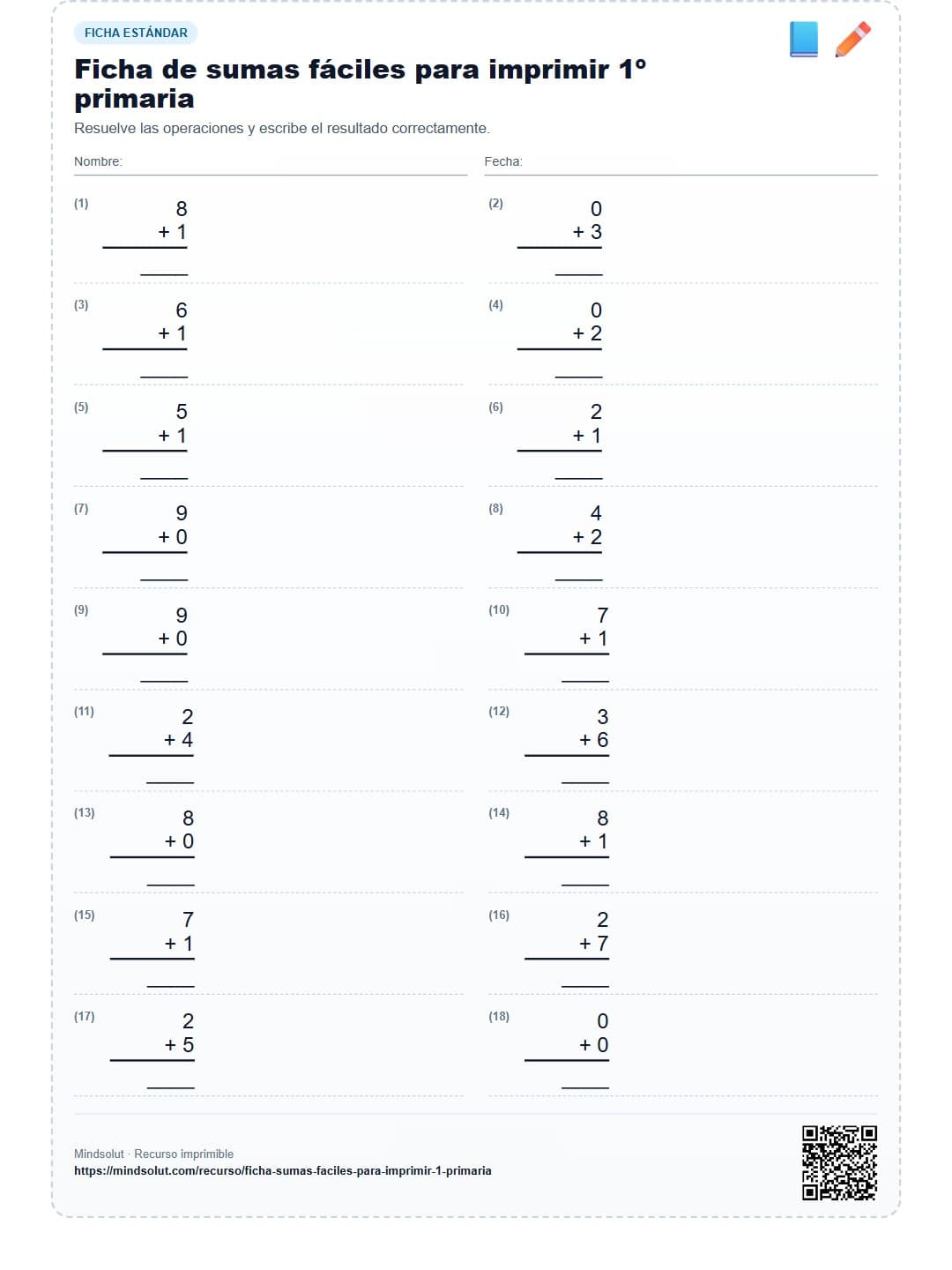 Ficha de sumas fáciles para imprimir 1º primaria