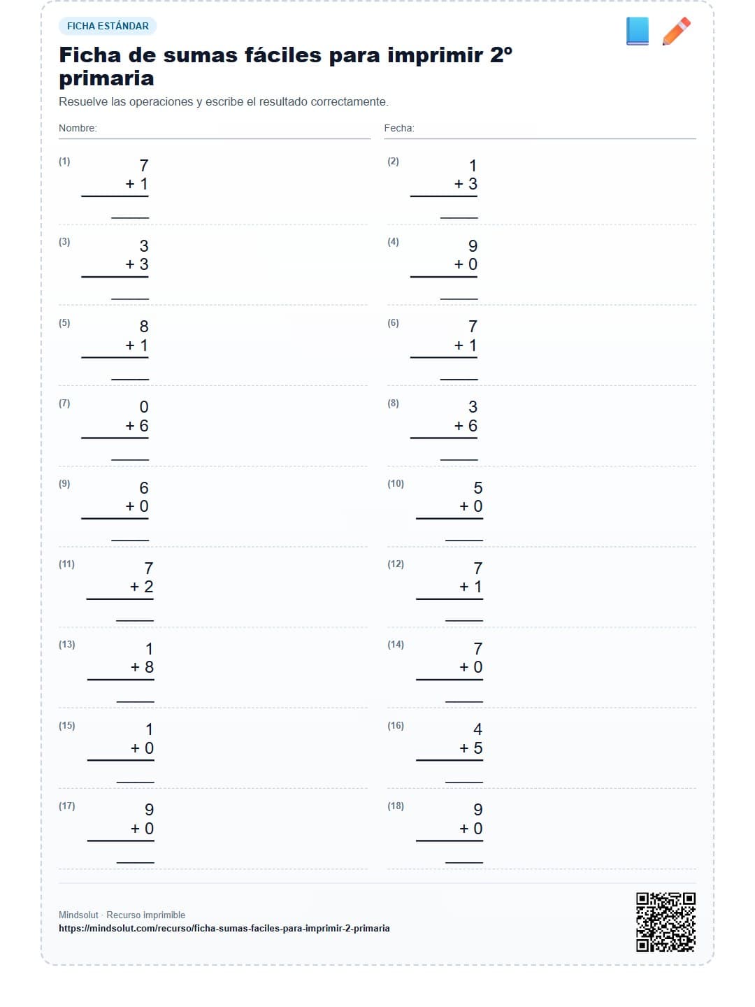 Ficha de sumas fáciles para imprimir 2º primaria