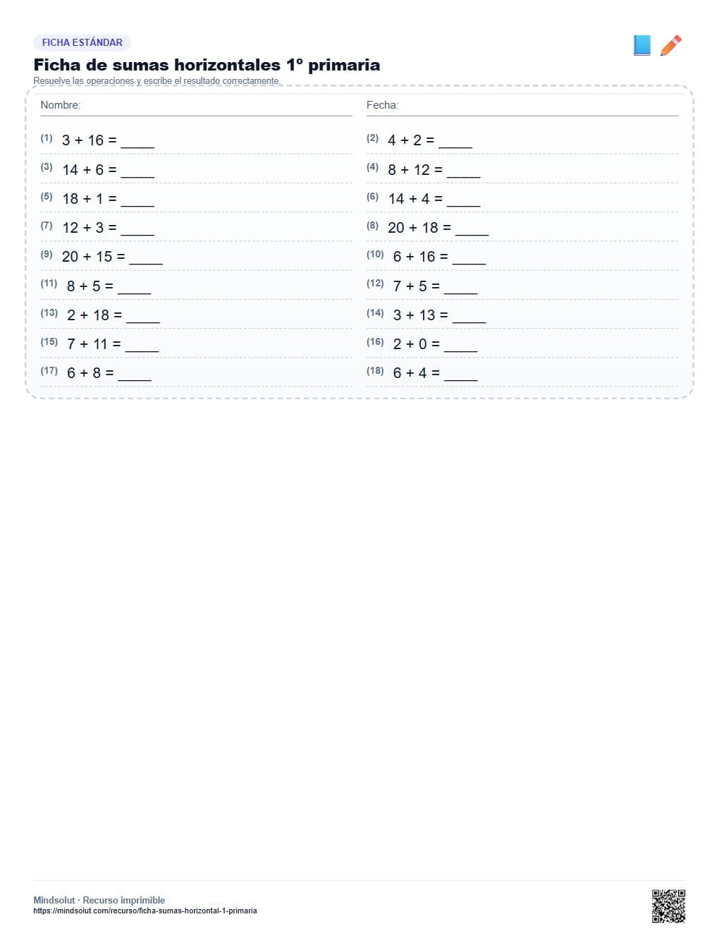 Ficha de sumas horizontales 1º primaria