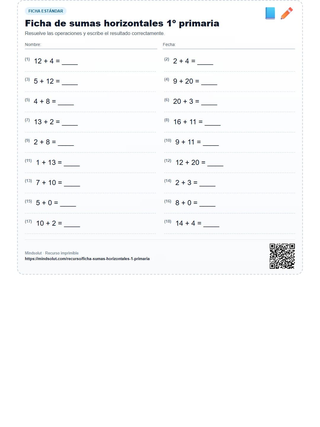 Ficha de sumas horizontales 1º primaria