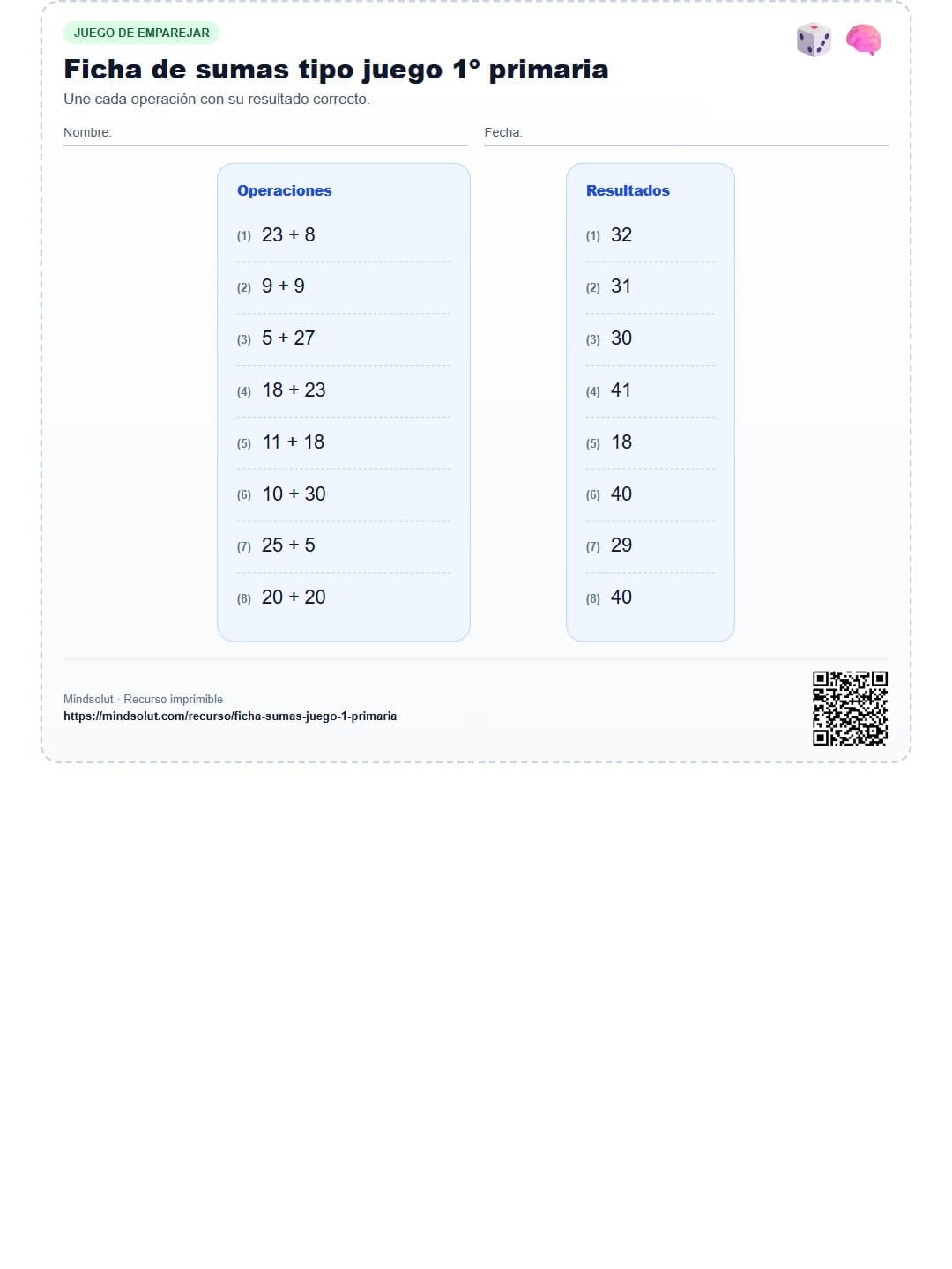Ficha de sumas tipo juego 1º primaria