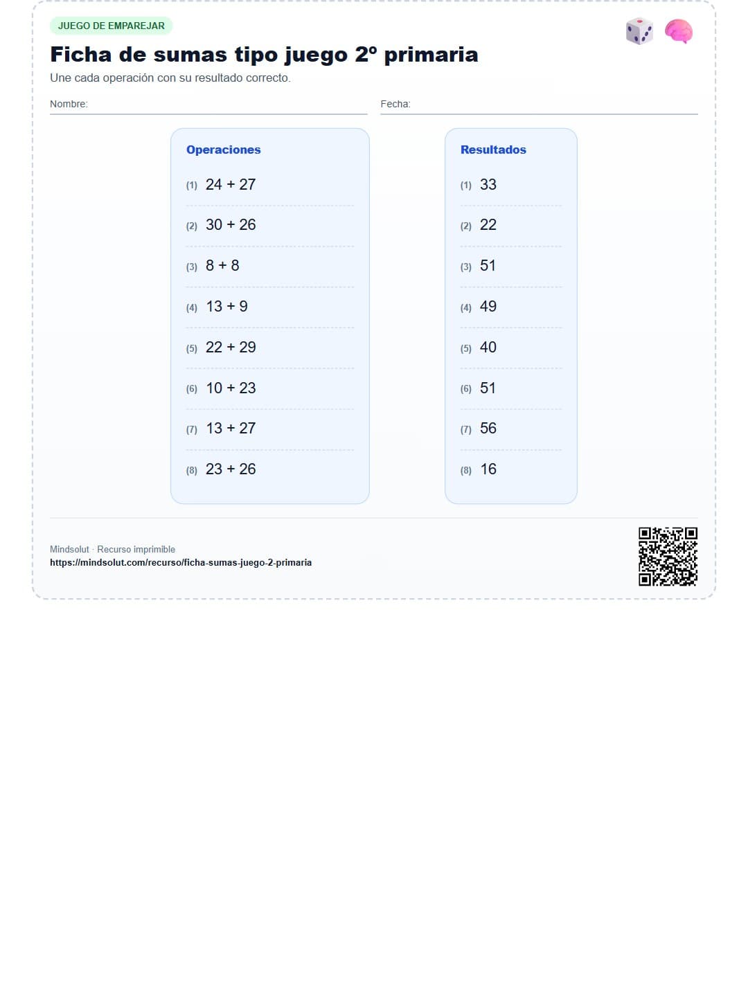 Ficha de sumas tipo juego 2º primaria