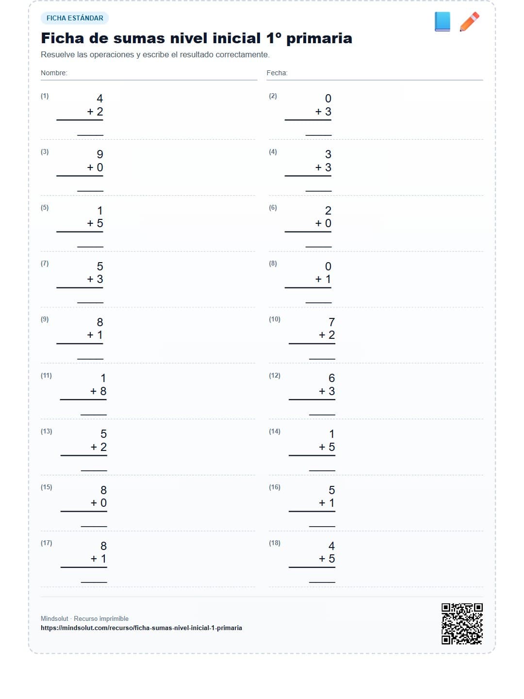 Ficha de sumas nivel inicial 1º primaria