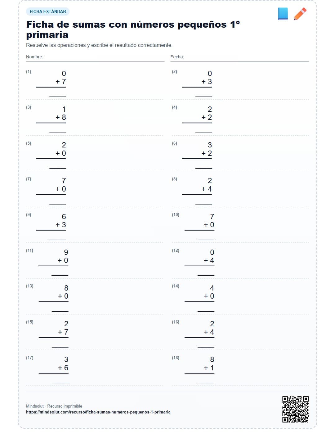 Ficha de sumas con números pequeños 1º primaria
