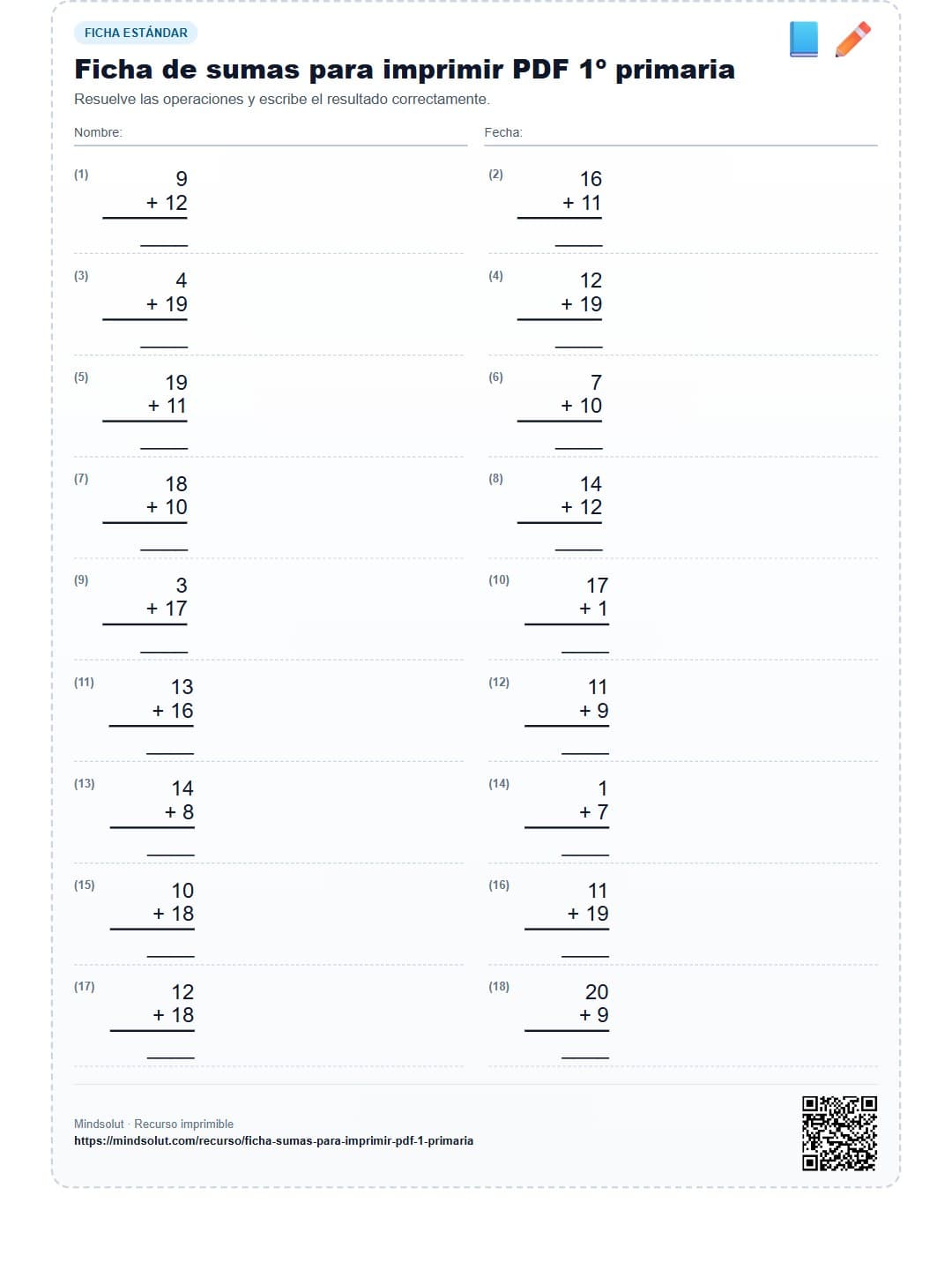 Ficha de sumas para imprimir PDF 1º primaria