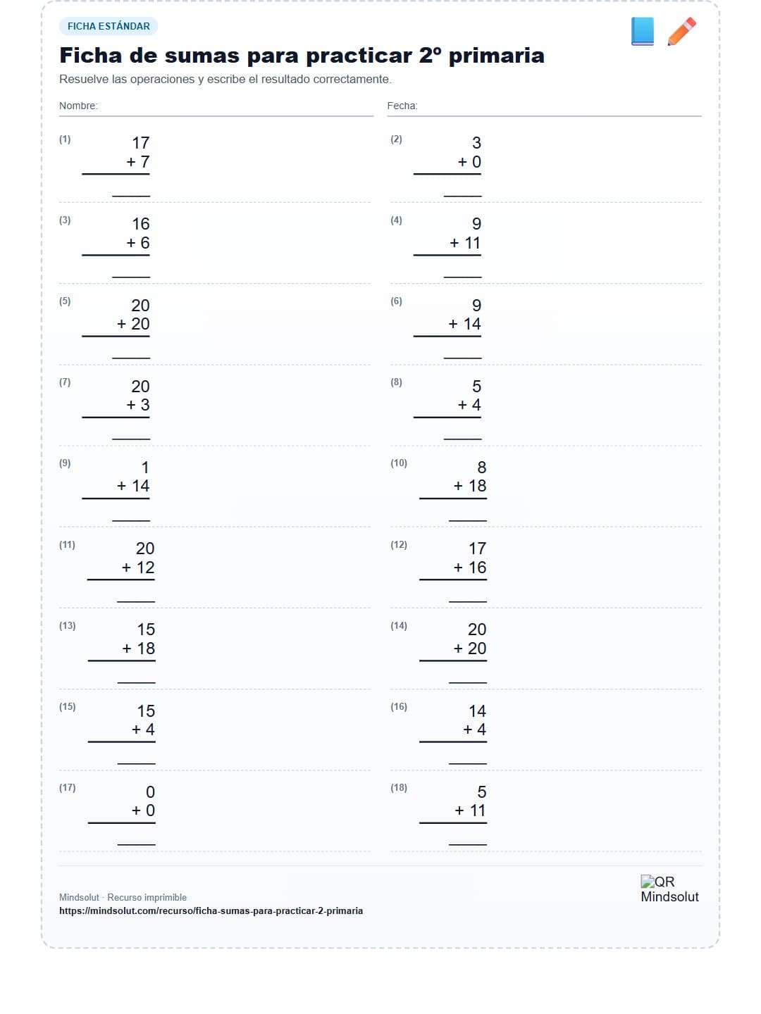 Ficha de sumas para practicar 2º primaria