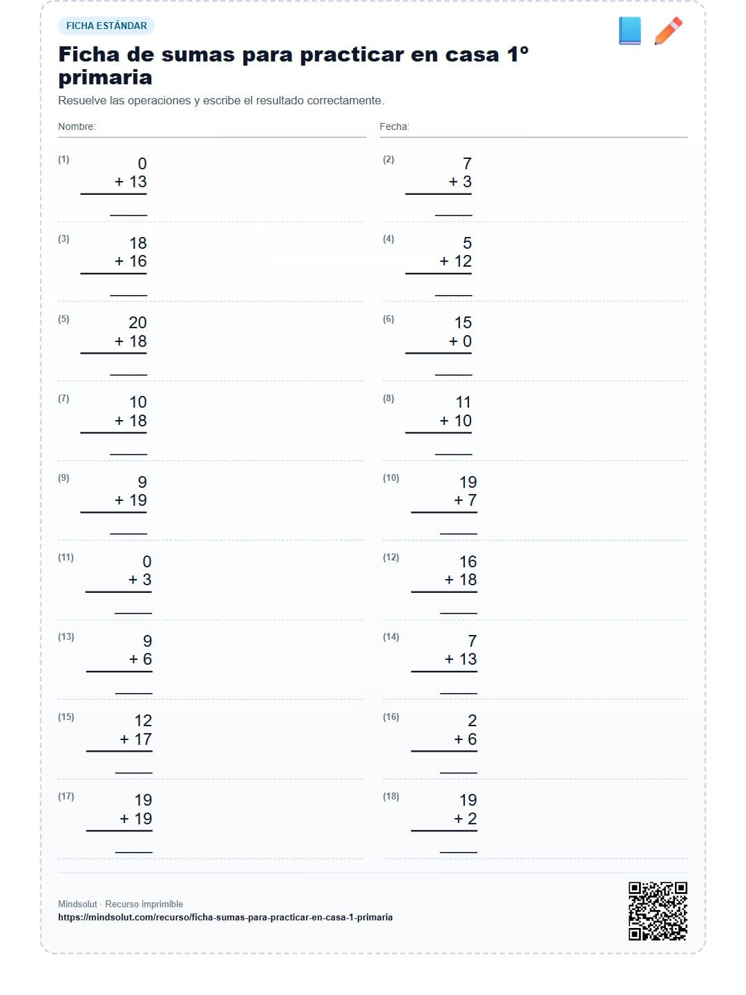 Ficha de sumas para practicar en casa 1º primaria