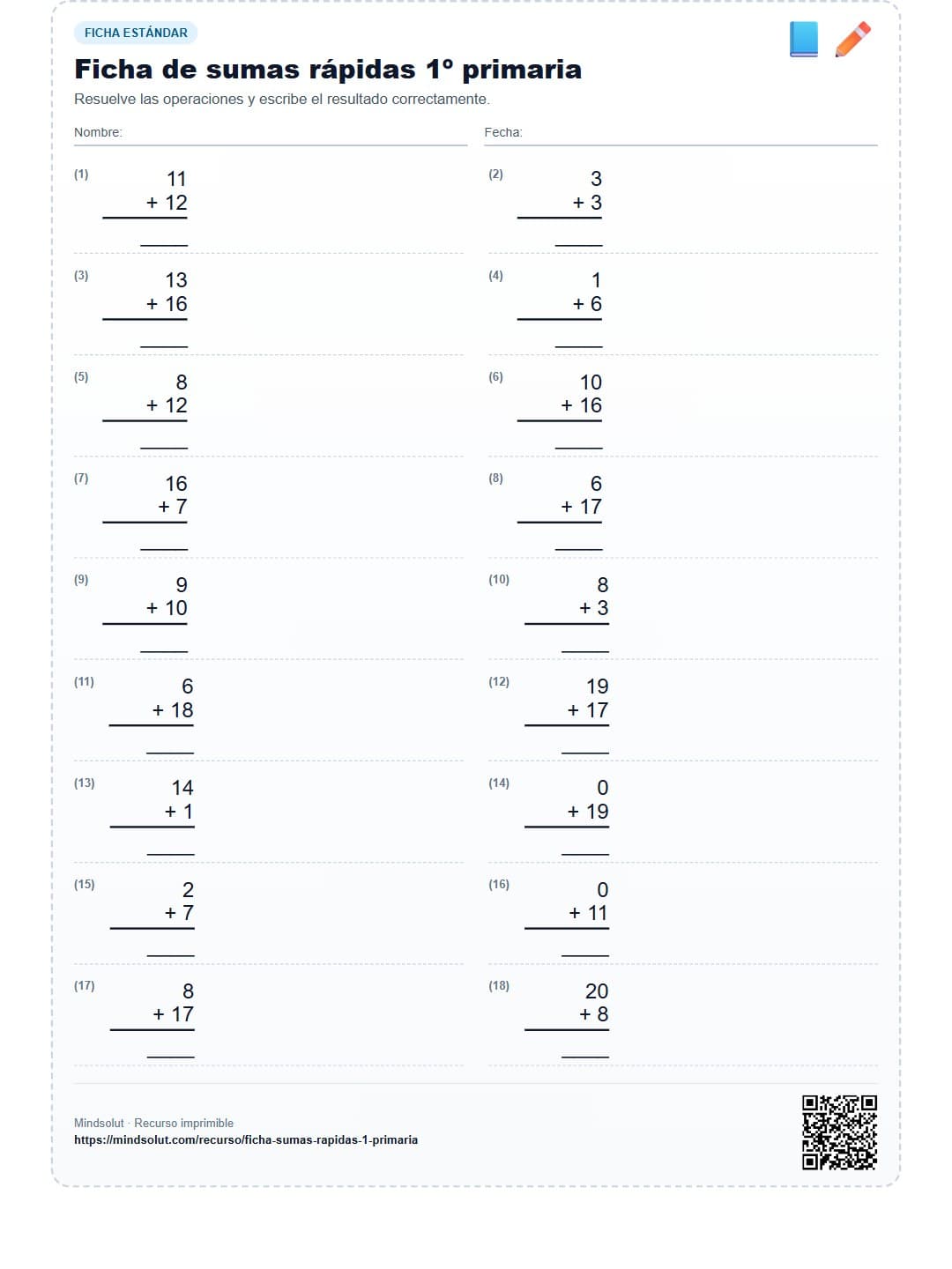 Ficha de sumas rápidas 1º primaria