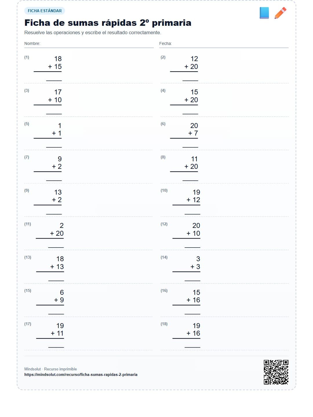 Ficha de sumas rápidas 2º primaria
