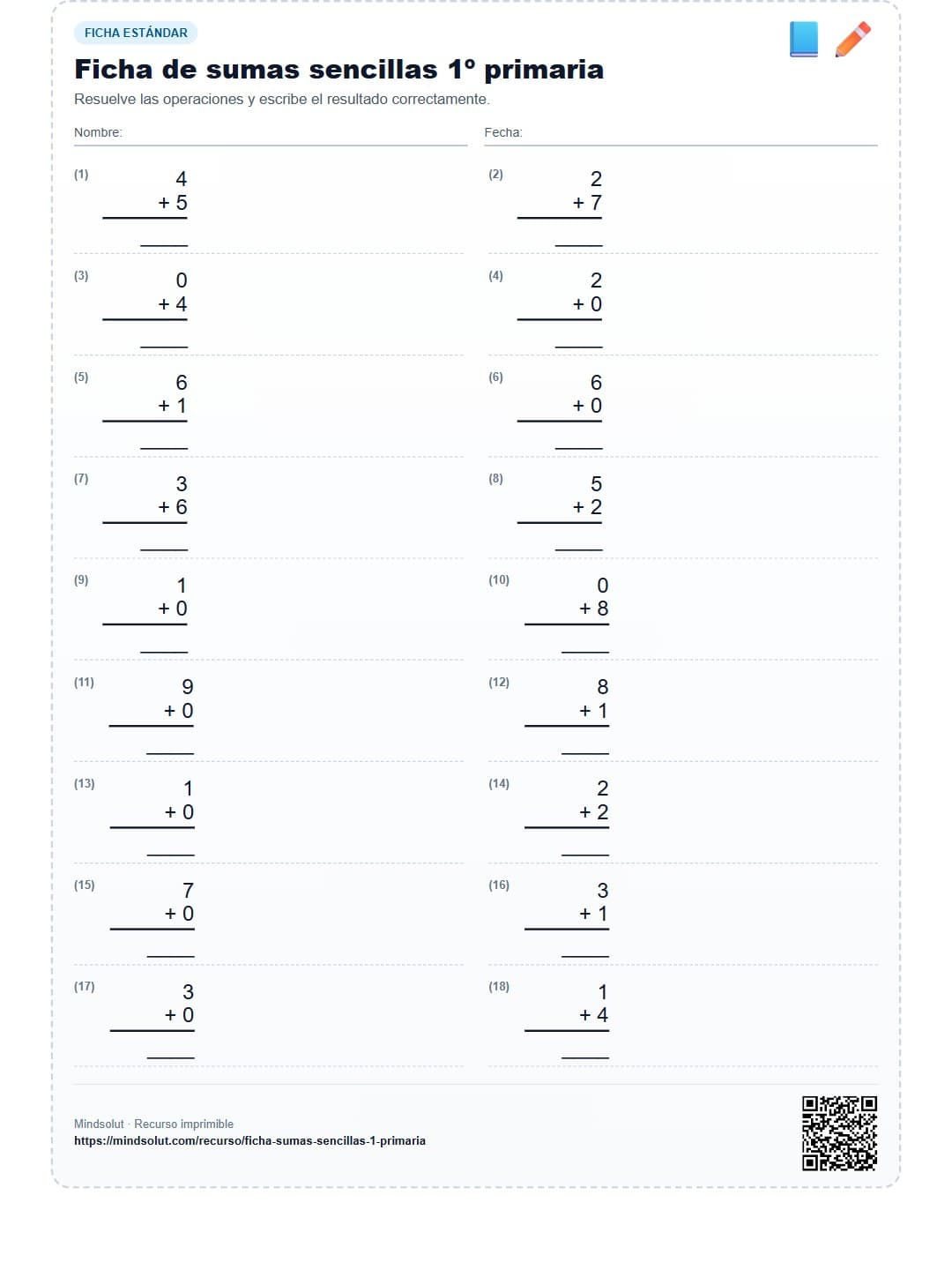 Ficha de sumas sencillas 1º primaria