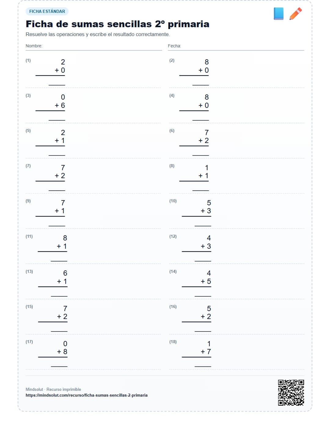 Ficha de sumas sencillas 2º primaria