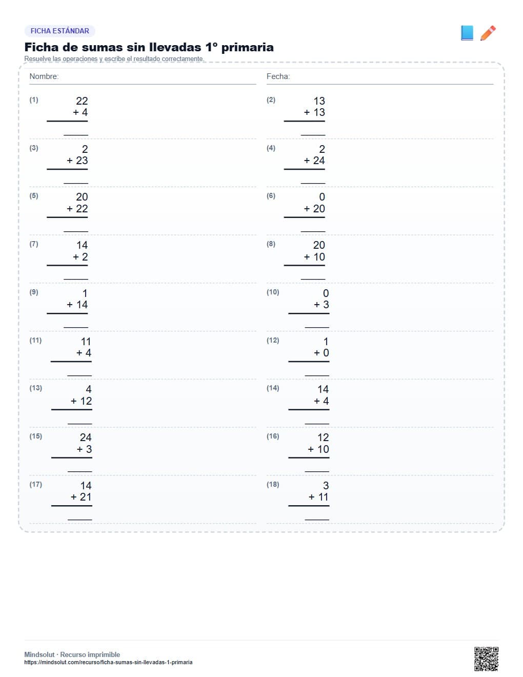 Ficha de sumas sin llevadas 1º primaria