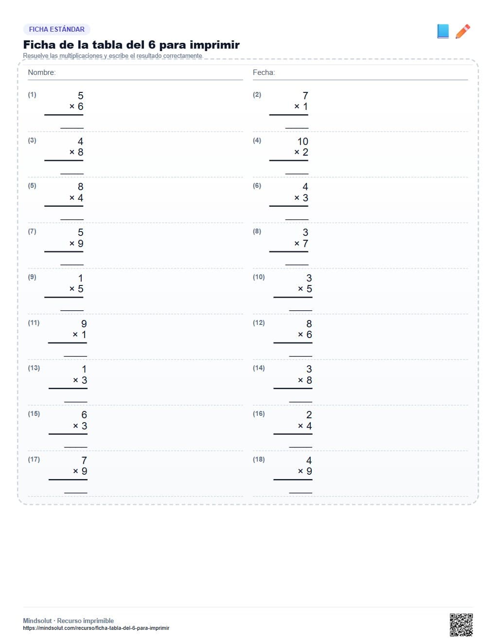 Ficha de la tabla del 6 para imprimir