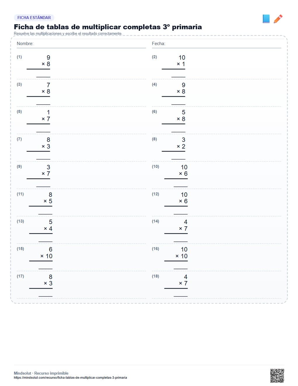 Ficha de tablas de multiplicar completas 3º primaria